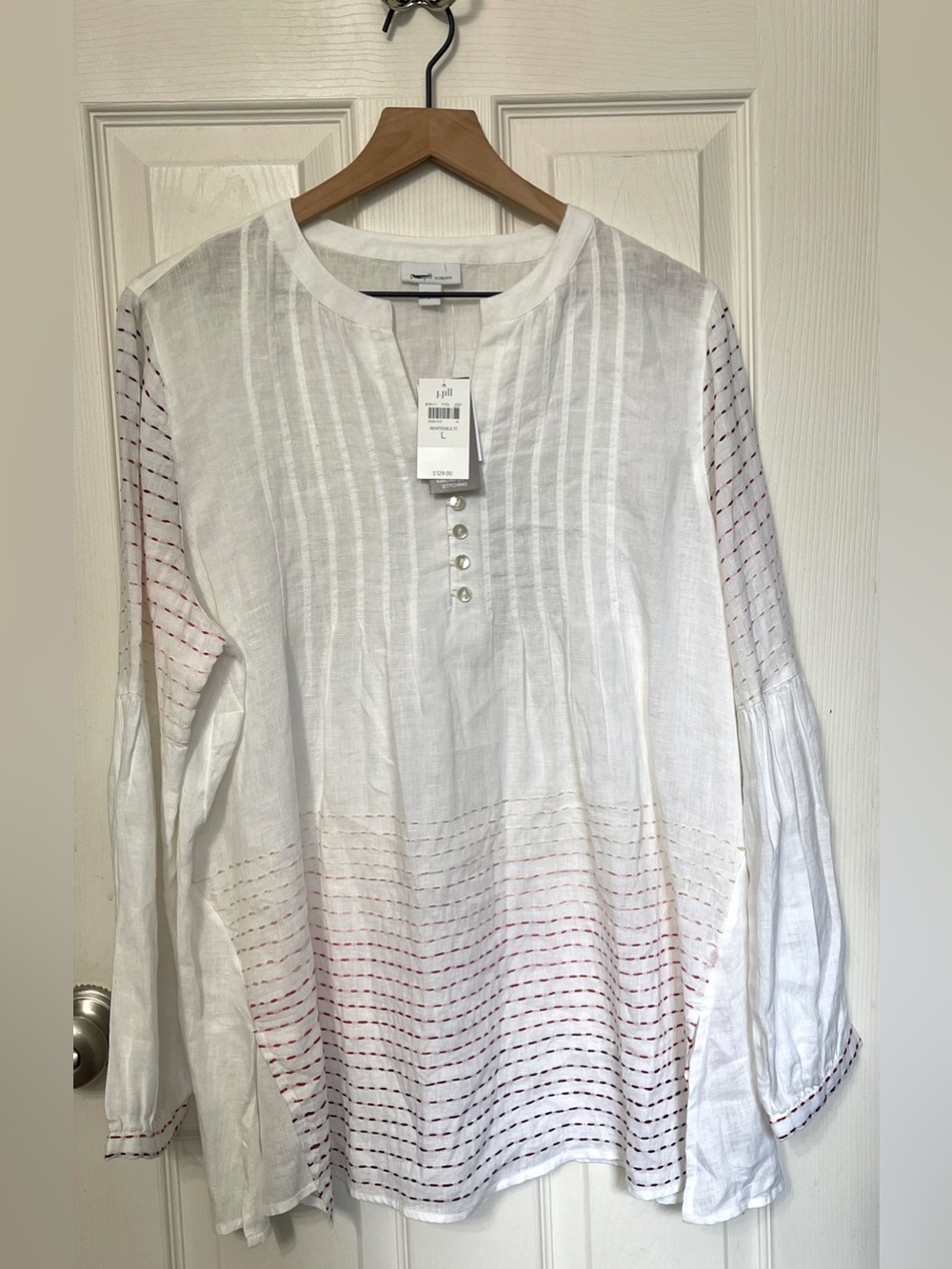 Pure Jill Elements Linen White Ombre Stitched Semi Sheer Tunic Top Sz L NWT - Picture 2 of 11